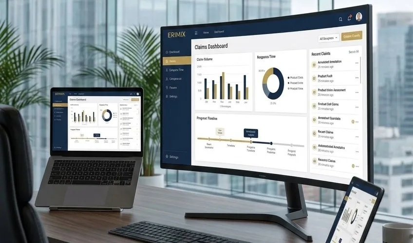 Complio — tableau de bord de gestion des réclamations, affiché sur plusieurs écrans