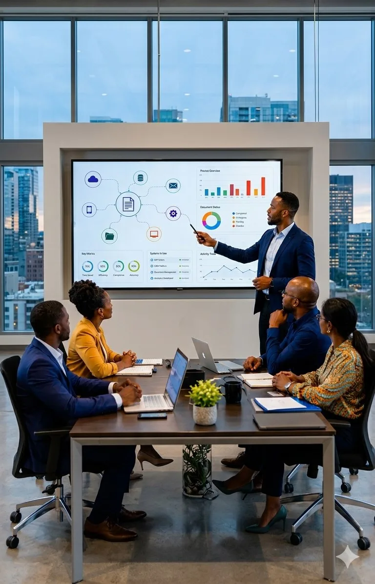 Consultant ERIMIX présentant un tableau de bord d'adoption de l'IA à une équipe dirigeante